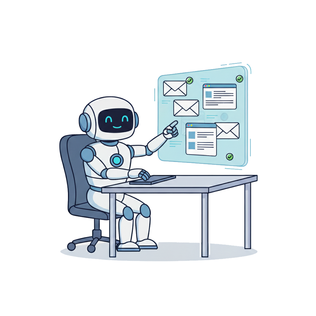 SlopControl robot at a desk, enthusiastically pointing to holographic email interfaces, inviting users to contact them