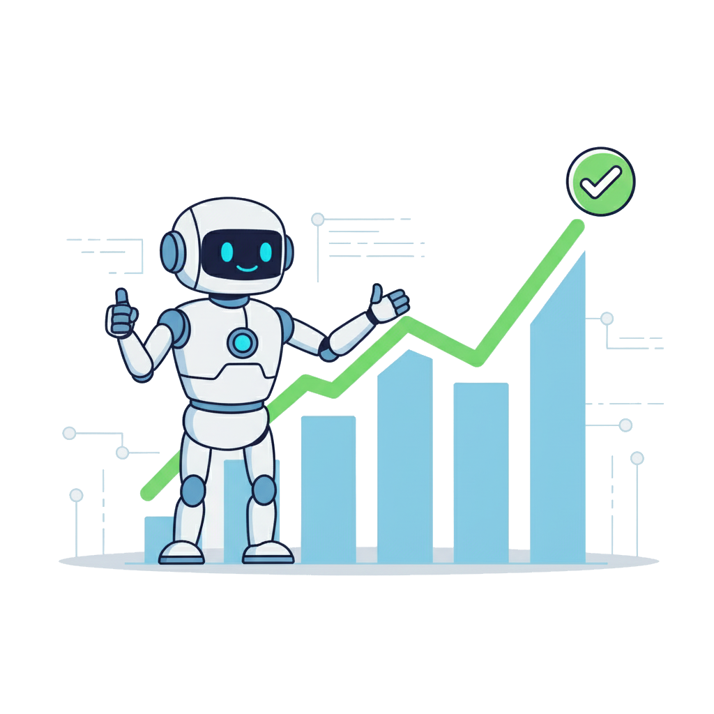 SlopControl robot celebrating 100% success with an upward trending graph