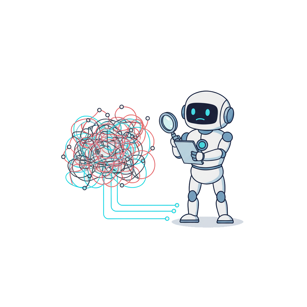 SlopControl robot with a magnifying glass and tablet, assessing a tangled, problematic system
