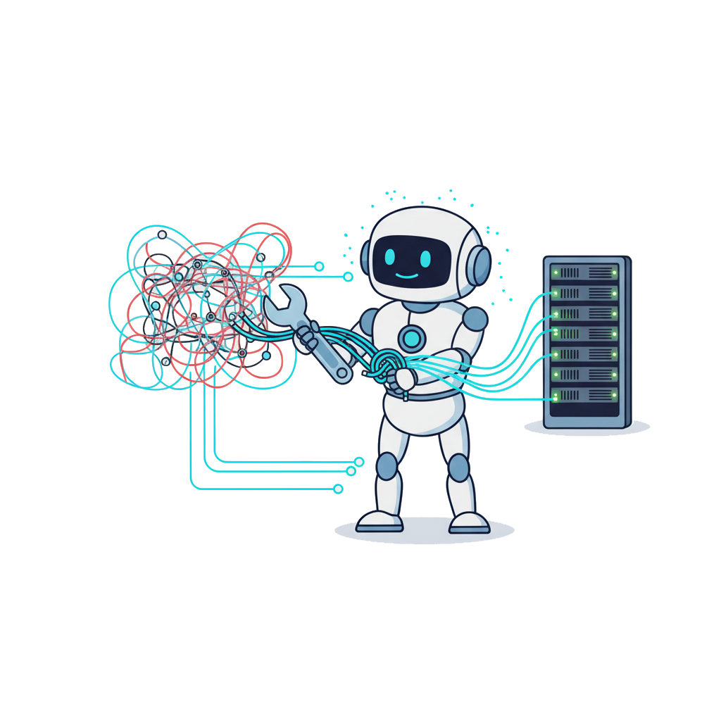 SlopControl robot actively fixing a tangled system, with wires connecting to a healthy server, representing intervention