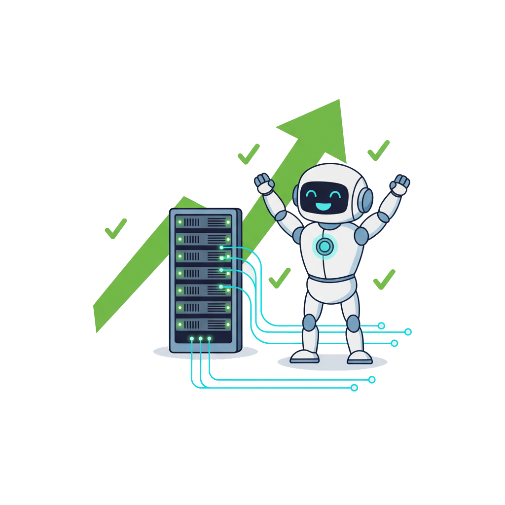SlopControl robot celebrating 100% stable success, pointing to a perfectly running server with an upward graph