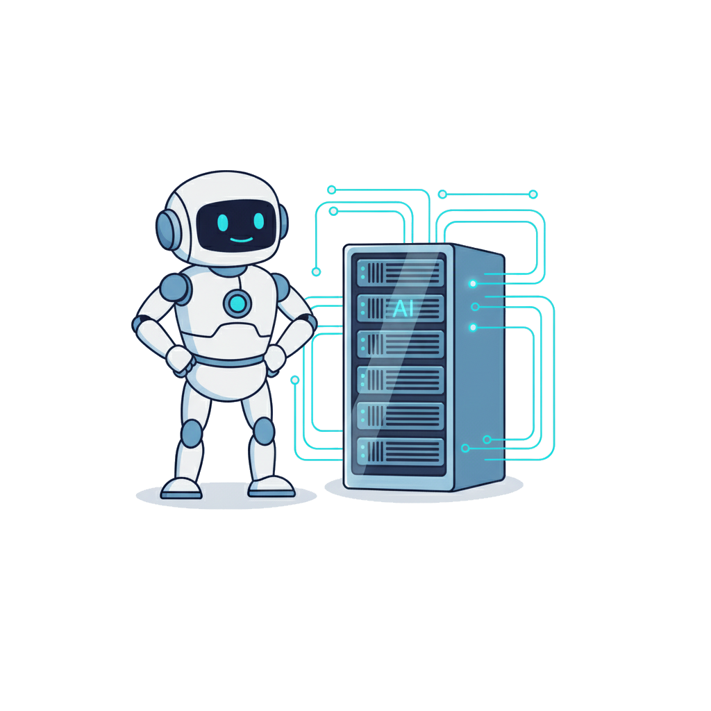 SlopControl robot standing proudly next to a smoothly running AI server, representing infrastructure optimization