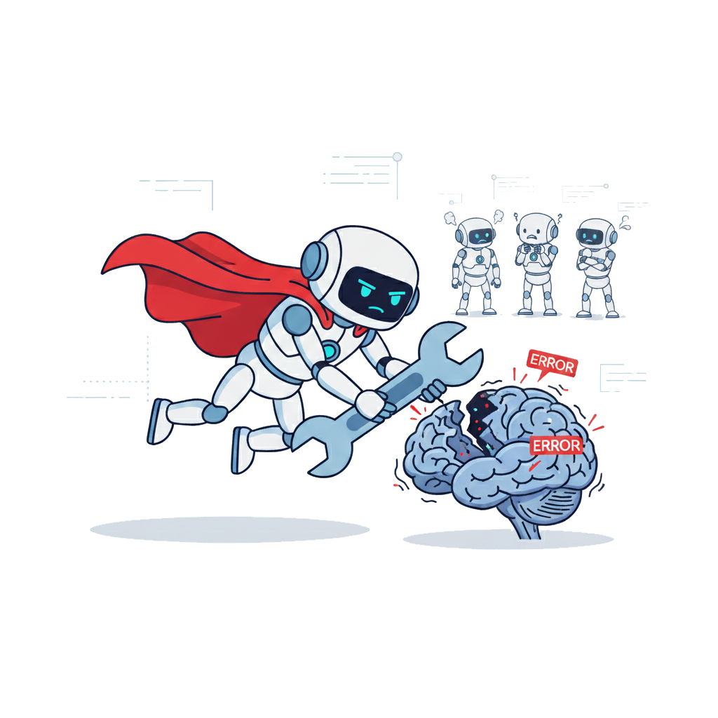 SlopControl superhero robot fixing a broken AI brain with a wrench, representing emergency AI rescue