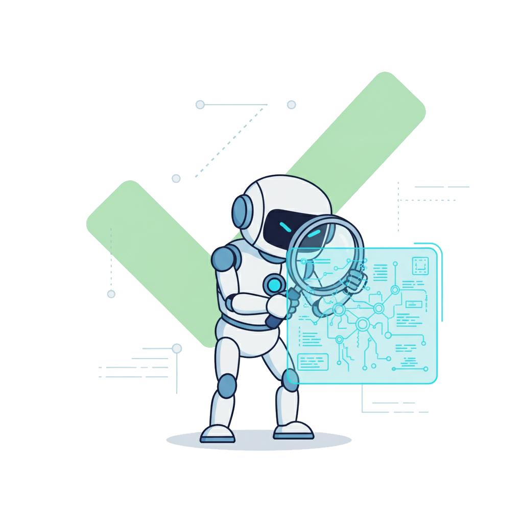 SlopControl robot meticulously inspecting a system with a magnifying glass, ensuring AI quality assurance