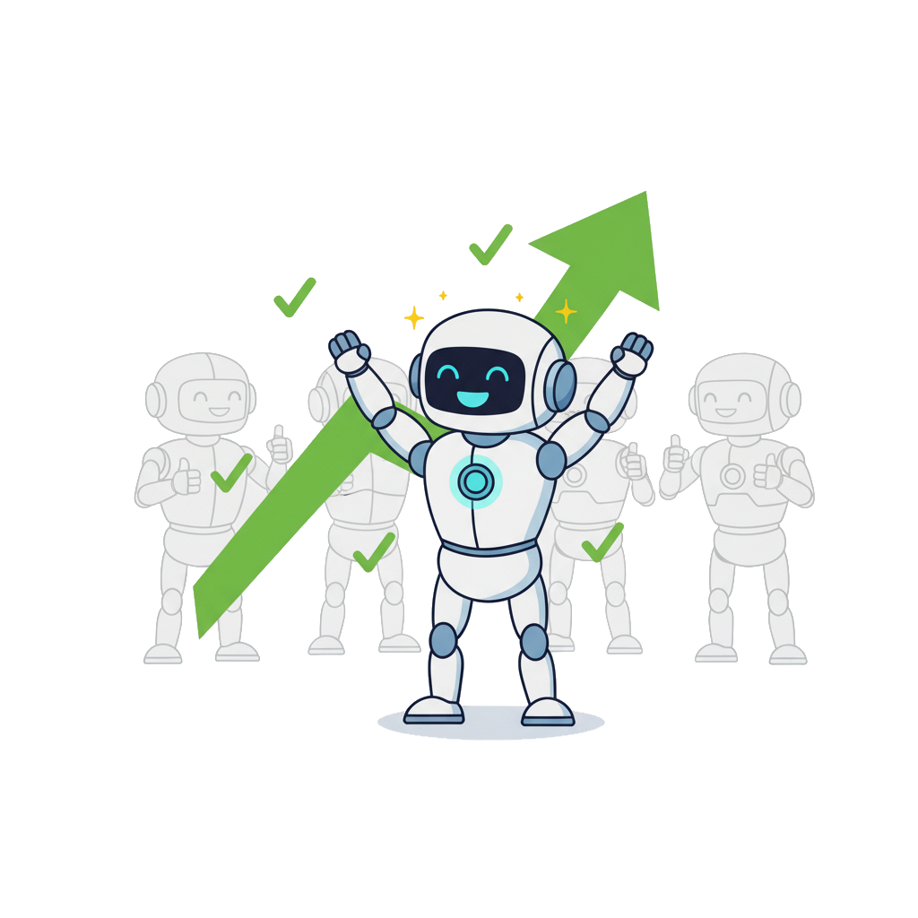 SlopControl robot enthusiastically celebrating success with an upward graph, surrounded by happy customer outlines, representing testimonials